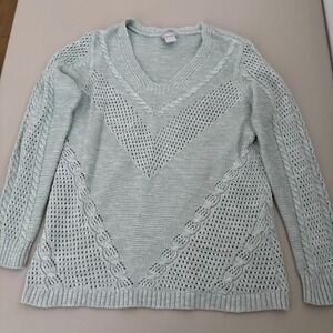 Chico's V Neck Knit Sweater Light Blue Cable Knit Mesh Design Size 0 Small
